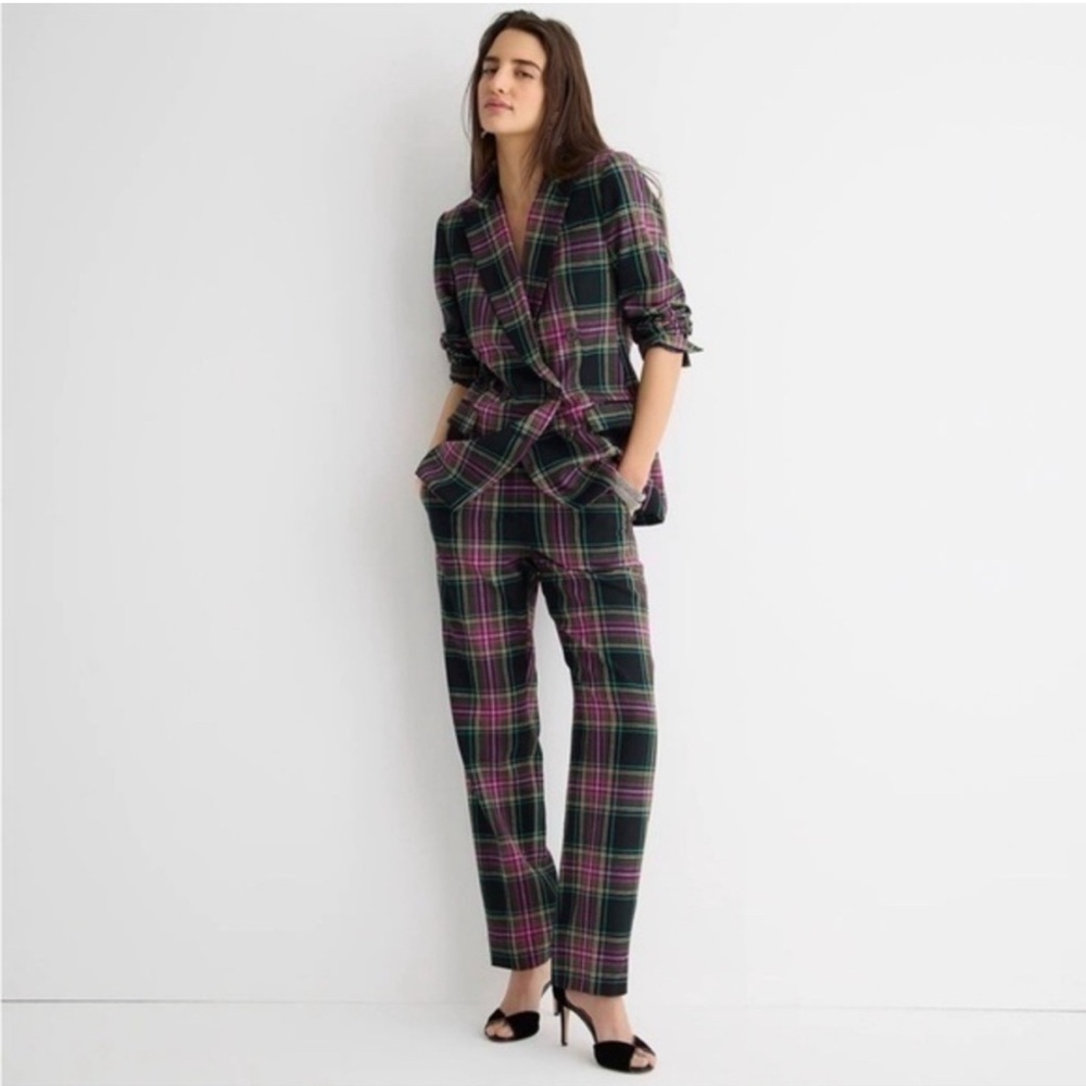 J. Crew Kate Plaid Straight-Leg Wool Pants - Size 8 - Pink Tartan